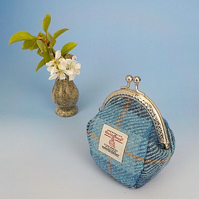 pale blue tartan harris tweed coin purse handmade at roses workshop